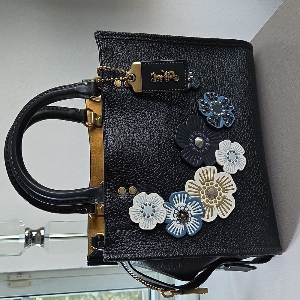 COACH Rogue 25 Black Tea Rose Leather Crossbody Bag - Picture 3 of 16